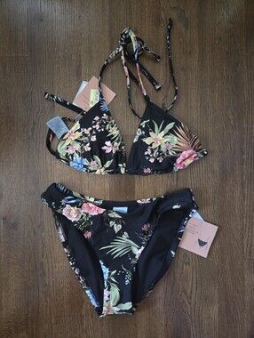 New Shade & Shore Womens Small 4/6 Black Floral Bikini